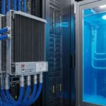 Engineers inspecting a direct-to-chip liquid cooling manifold system inside a high-density AI data centre server rack.