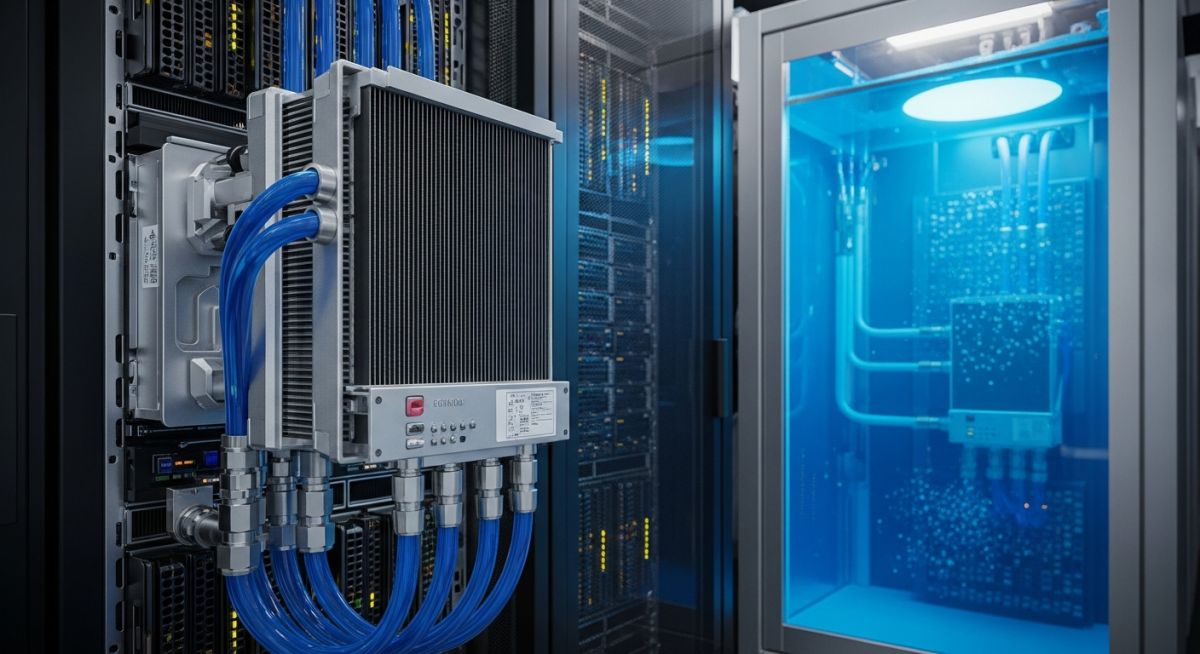 Engineers inspecting a direct-to-chip liquid cooling manifold system inside a high-density AI data centre server rack.
