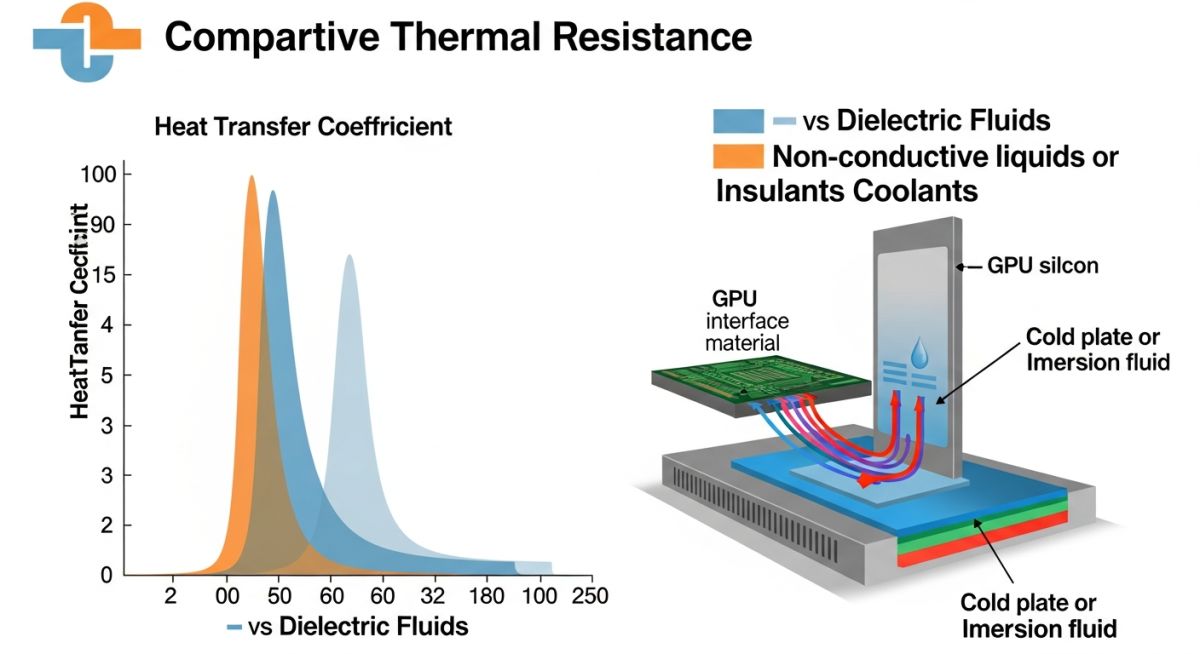 Thermal conductivity comparison chart for air cooling versus direct-to-chip liquid cooling systems.