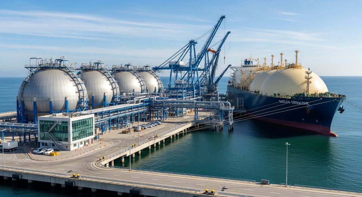 A large LNG carrier ship docked at a modern liquified natural gas terminal with cryogenic storage tanks.