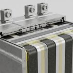 Cross-section of a prismatic lithium-ion battery cell showing internal layers and terminal connections for BESS applications.