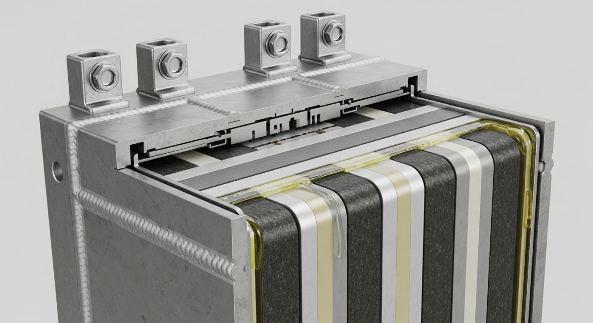 Cross-section of a prismatic lithium-ion battery cell showing internal layers and terminal connections for BESS applications.