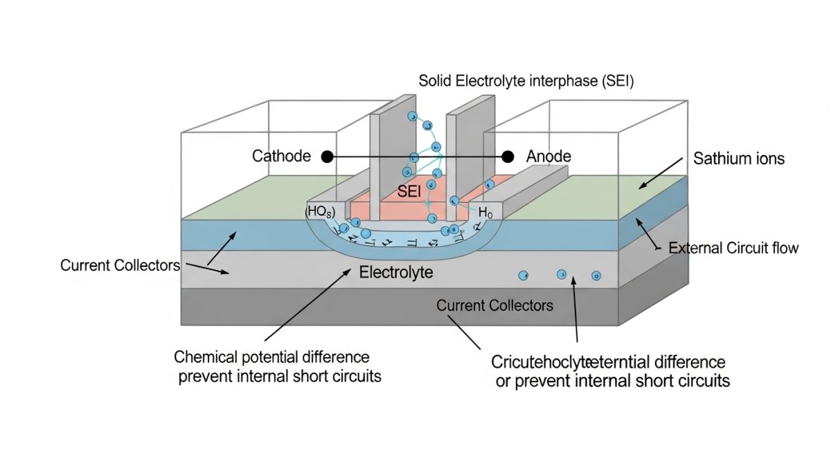 Electrochemical flow diagram of lithium-ion movement during battery charge and discharge.