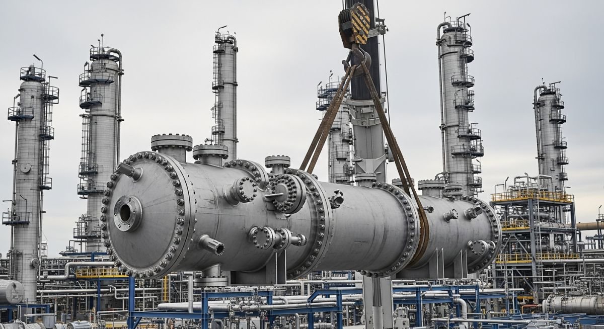 Heavy-wall alloy steel piping header being installed at a large-scale petrochemical refinery construction site.