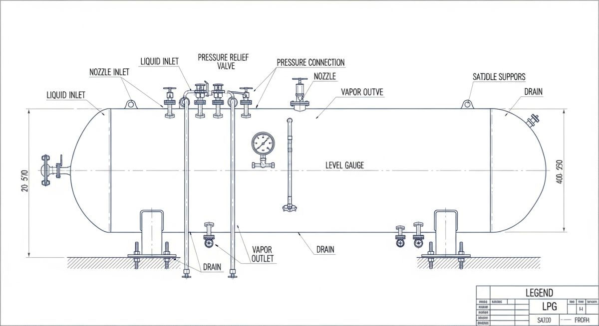 Engineering schematic of an LPG storage bullet tank showing nozzle details, saddle supports, and safety valves