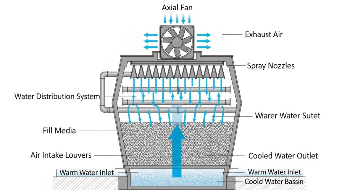 Mechanical draft cooling tower cross-section diagram