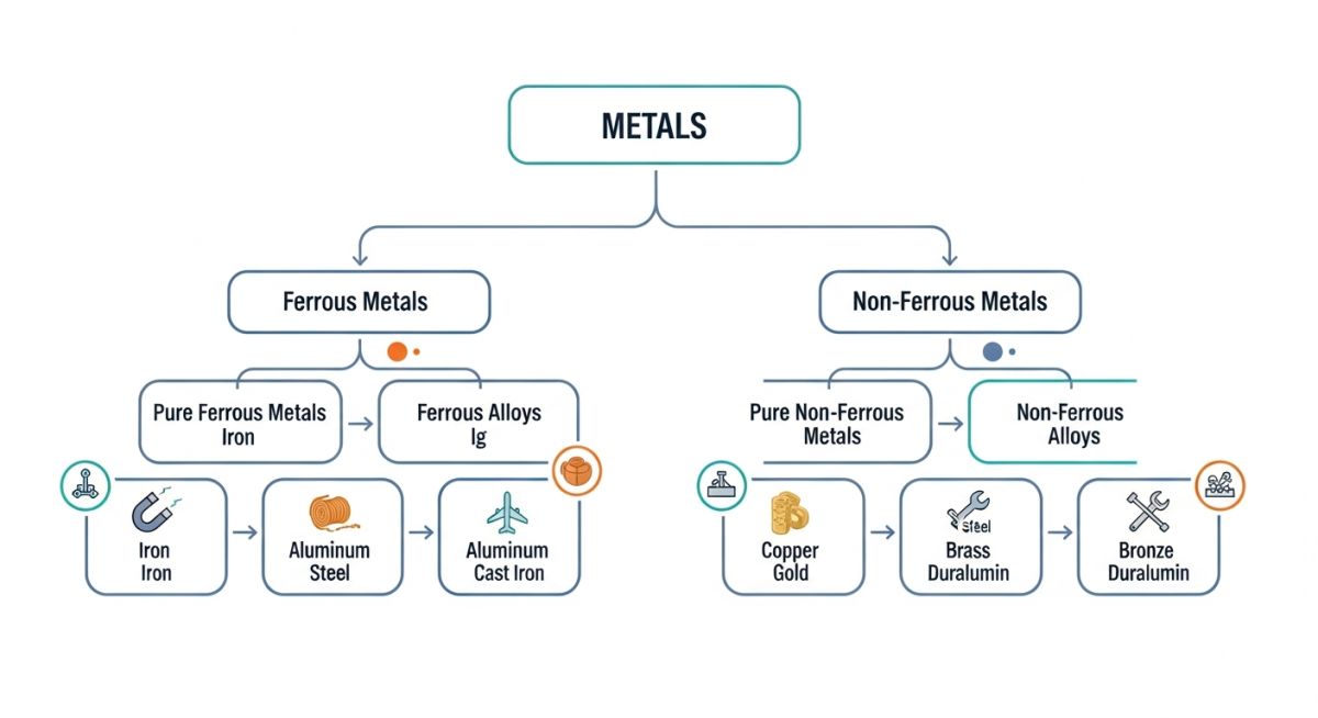Comprehensive flowchart of ferrous and non-ferrous metal classifications