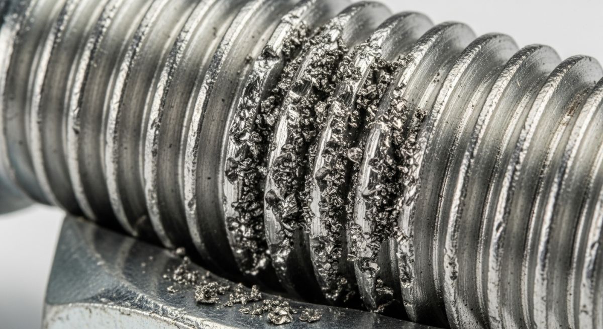 Severe metal galling damage on a stainless steel threaded bolt and nut.