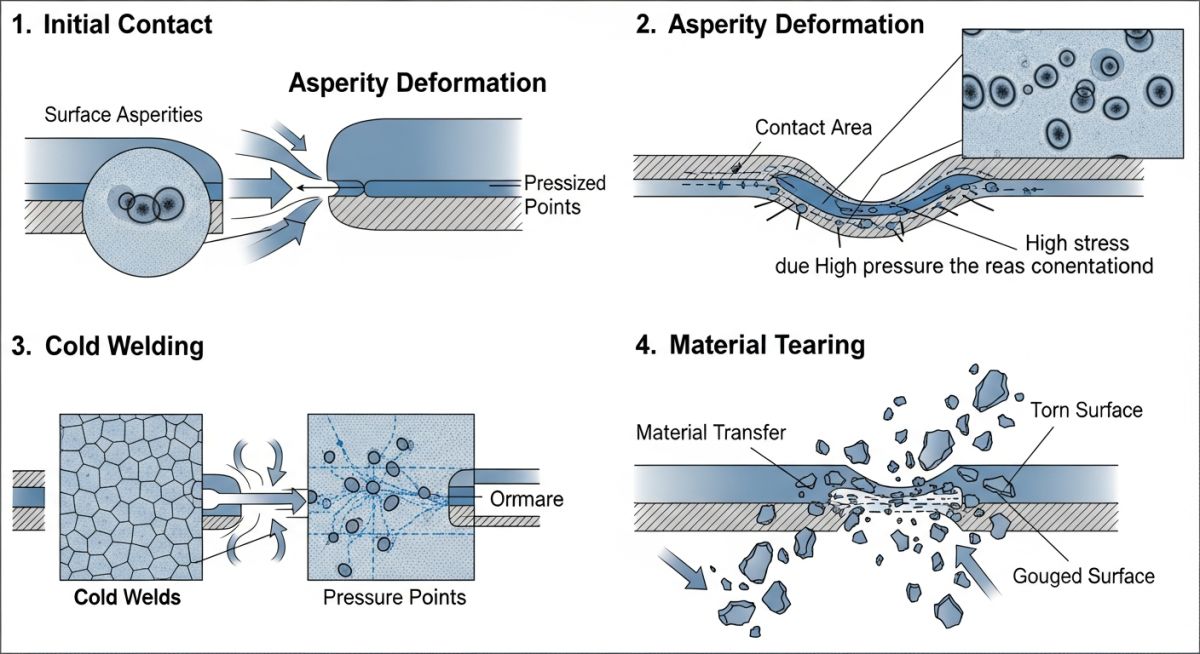 Microscopic diagram of metal galling showing asperity contact and cold welding