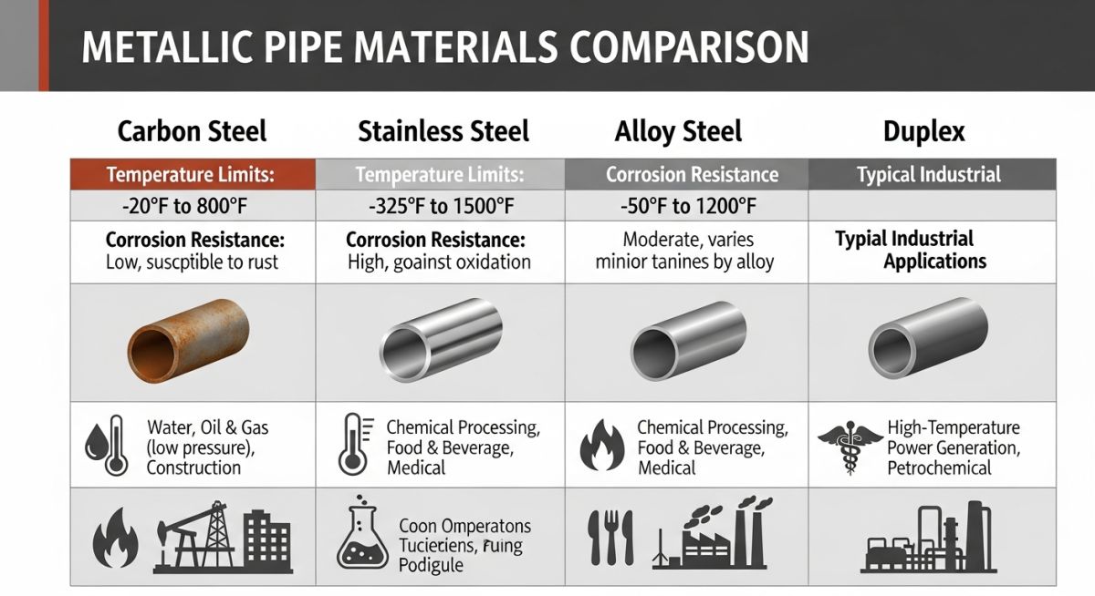 Comparison chart of metallic pipe materials including carbon steel, stainless steel, and alloy steel