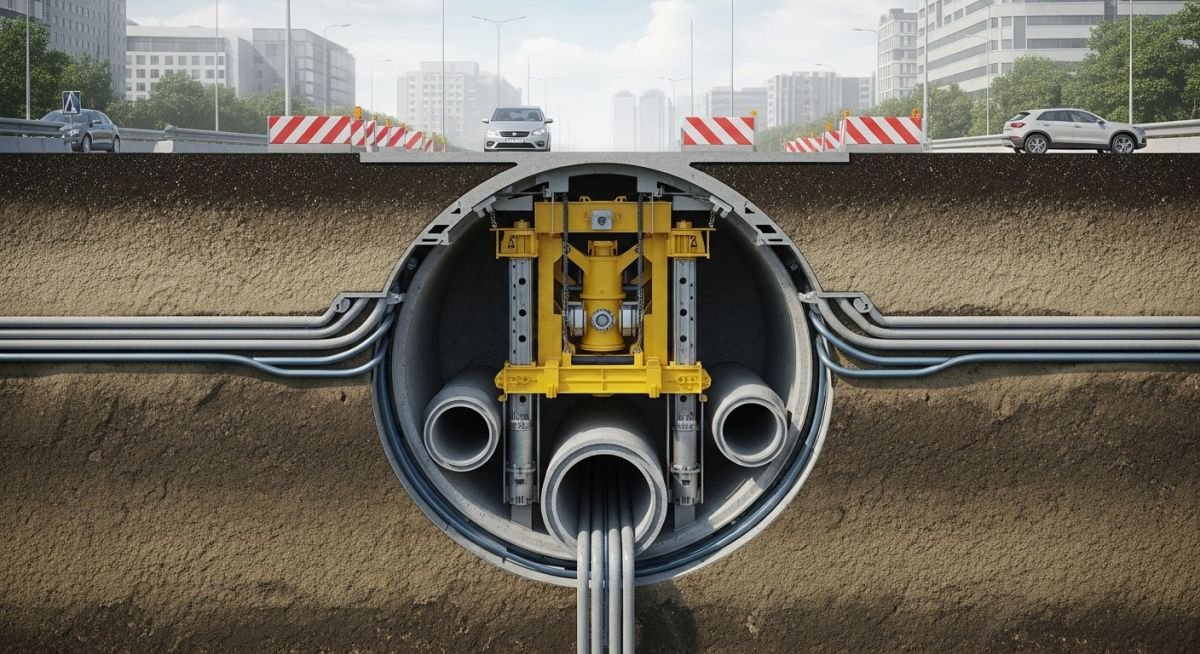 Cross-section diagram of a micro tunneling boring machine installing a pipeline beneath a city street.
