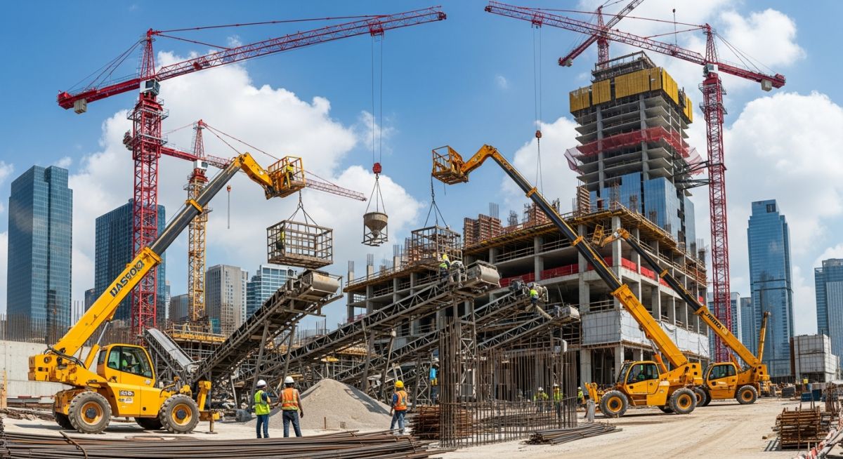 Tower cranes and heavy machinery operating on a modern high-rise construction site.