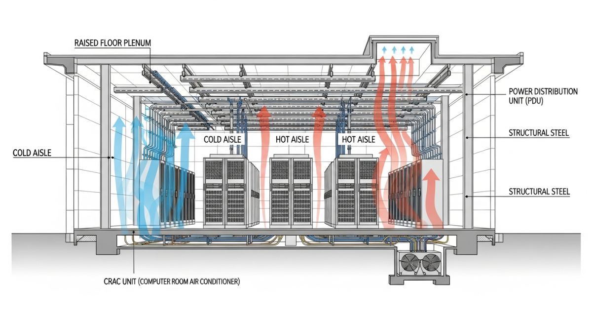 Cross-section view of a modern data centre showing server racks, raised floors, and overhead cooling distribution systems.