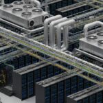 Isometric view of a modern, high-density data centre facility showing server racks, cooling systems, and cable management infrastructure.