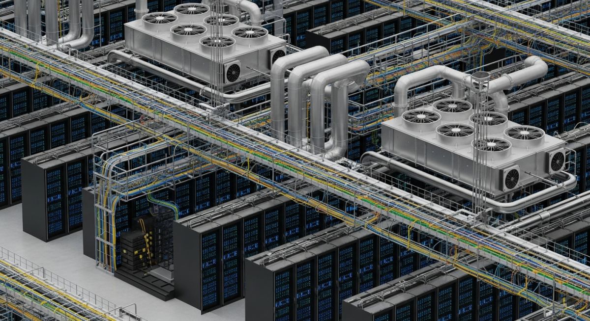 Isometric view of a modern, high-density data centre facility showing server racks, cooling systems, and cable management infrastructure.