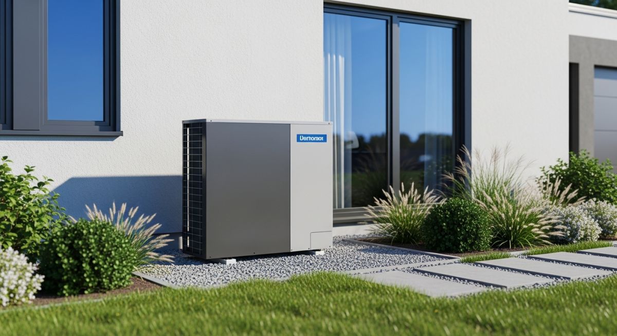 Modern residential air-source heat pump outdoor unit installed next to a house.