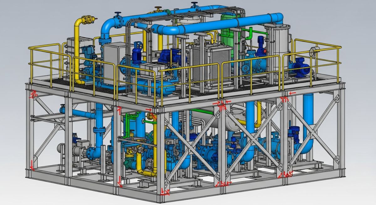 3D engineering model of a modular process skid showing complex piping layouts and structural steel support frames for stress analysis.