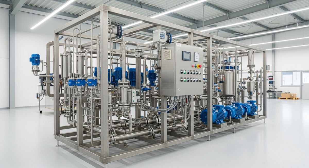 A fully assembled stainless steel modular process skid with industrial piping and control valves in a manufacturing plant.