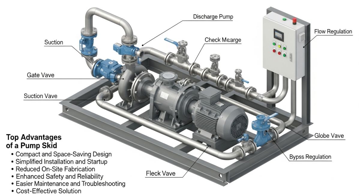 Technical diagram of a modular pump skid showing structural steel base, suction and discharge piping, valves, instruments, and control panel
