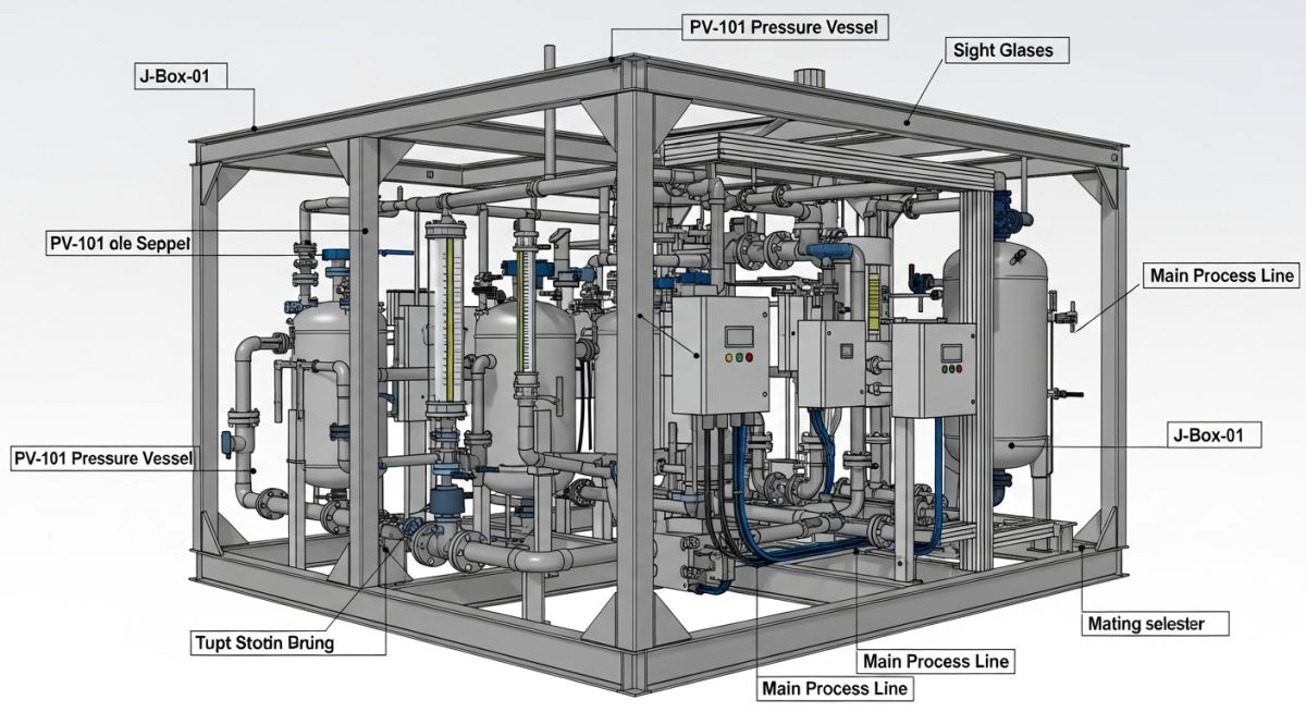 3D CAD diagram of a modular process skid showing structural frame, piping layout, and lifting lugs