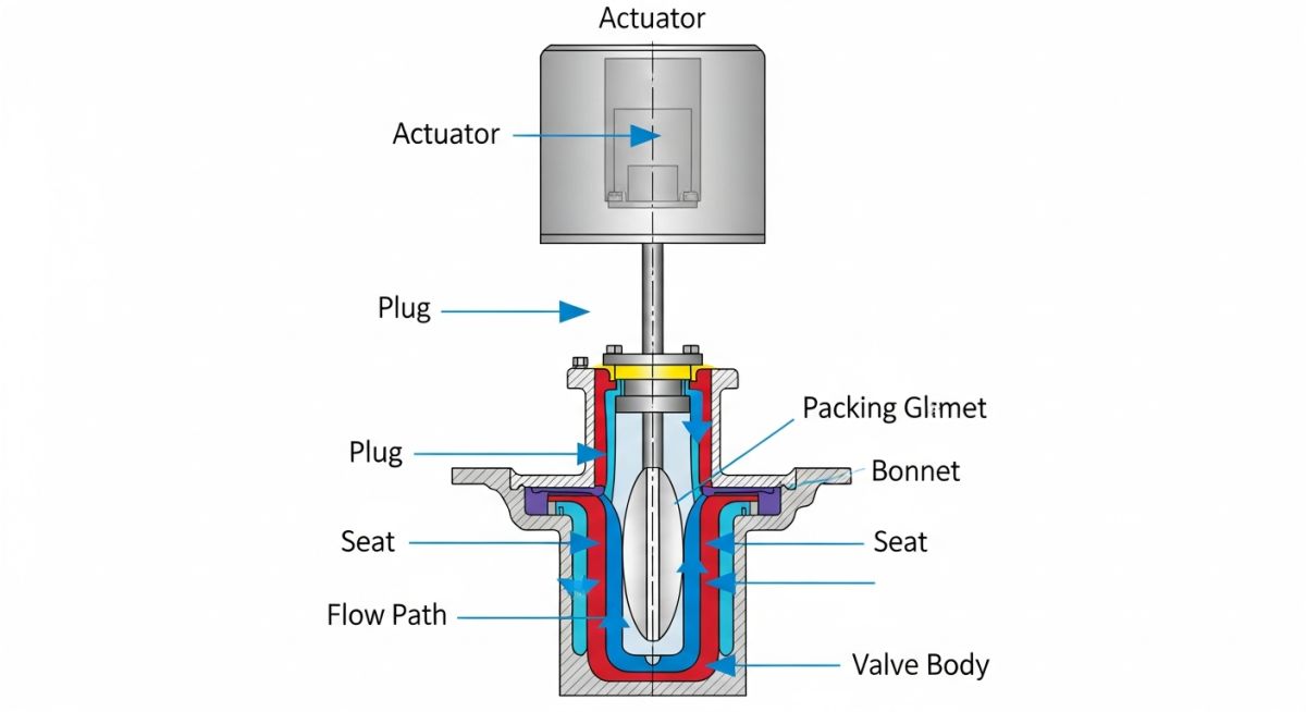 Cross-section diagram of a modulating globe valve showing trim, plug, and actuator