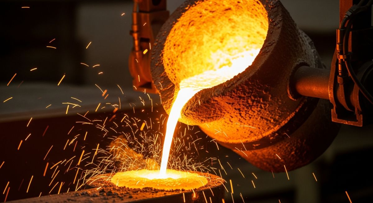 Molten metal glowing orange being poured from a crucible in a foundry