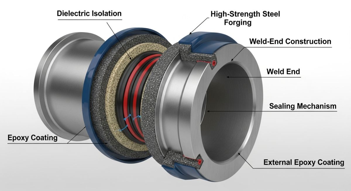 Cross-section view of a factory-assembled Monolithic Isolation Joint showing internal dielectric seals and steel body construction.