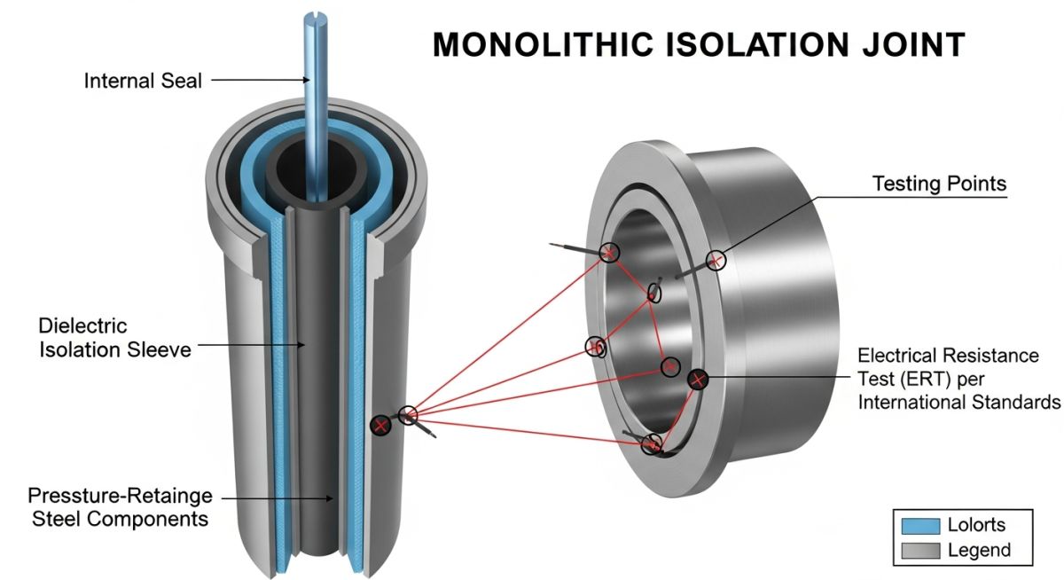 Technical schematic of a Monolithic Isolation Joint showing internal dielectric seal and pressure containment