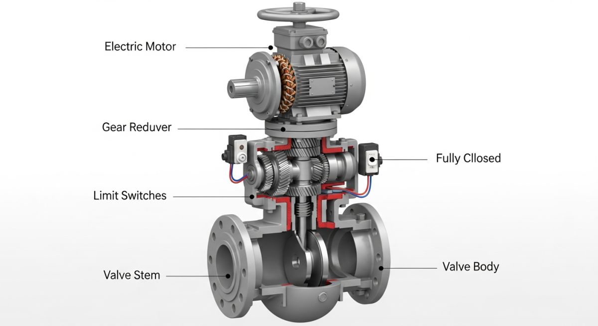 Cross-section diagram of a Motor Operated Valve showing actuator and valve body