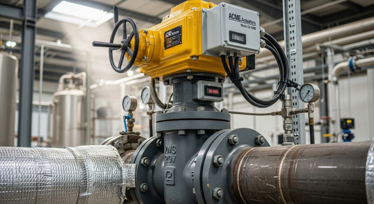 A heavy-duty motor operated valve with an electric actuator installed on an industrial pipeline.