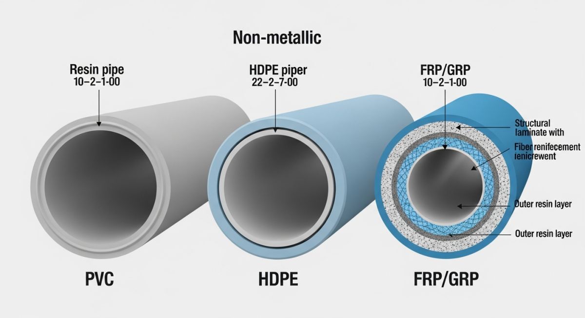 Technical infographic comparing physical properties of PVC, CPVC, HDPE, and FRP pipes