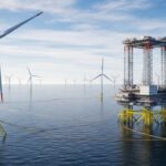 A professional engineering rendering of an offshore wind farm showing multiple turbines, subsea cabling, and an offshore substation platform in a deep-water environment.