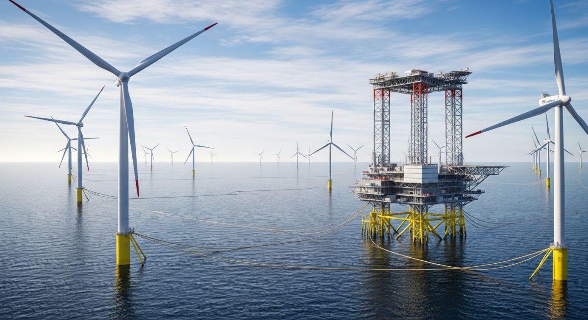 A professional engineering rendering of an offshore wind farm showing multiple turbines, subsea cabling, and an offshore substation platform in a deep-water environment.