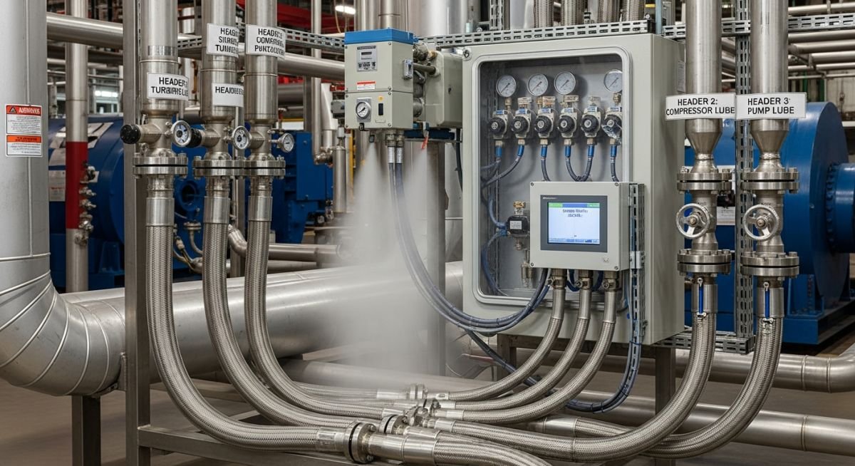 Industrial oil mist lubrication system cabinet with stainless steel distribution piping in a refinery setting.
