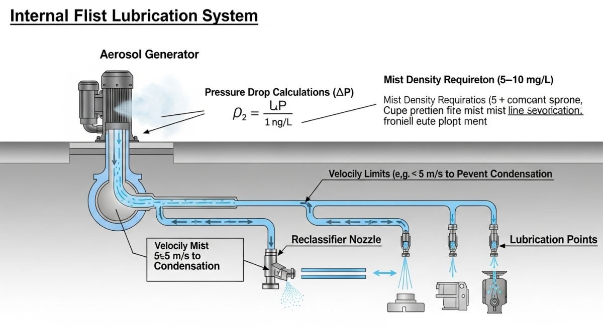 Schematic of an Oil Mist Lubrication System showing generator and distribution headers