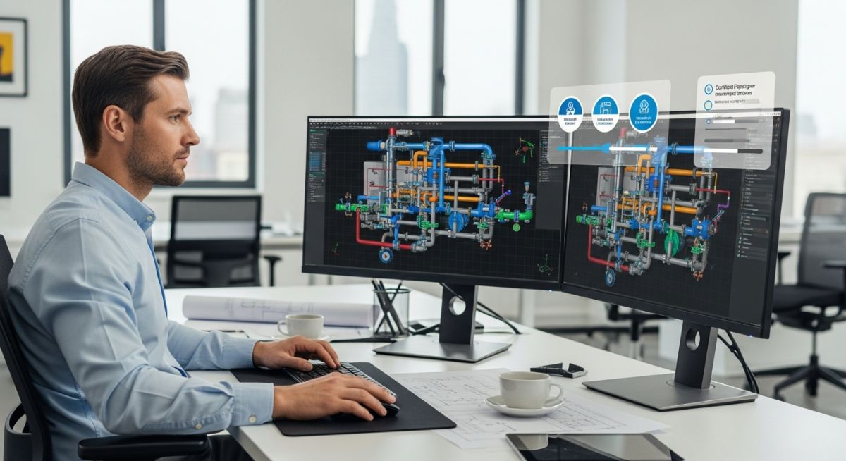 Professional engineer studying a 3D CAD model in an online piping engineering course.