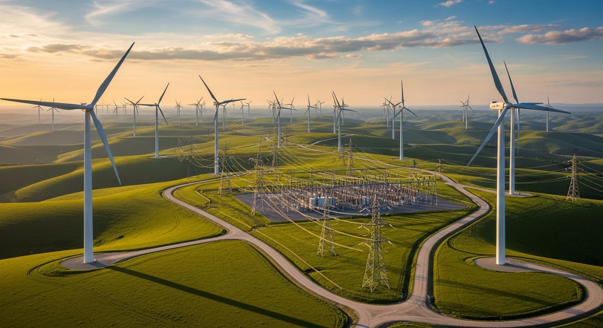 Utility-scale wind turbines installed in a row on a grassy landscape with access roads and a nearby electrical substation.