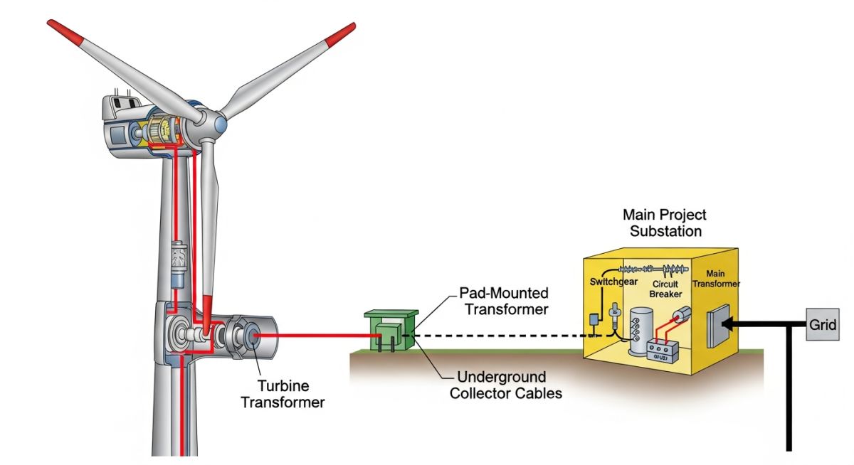 Technical diagram of onshore wind farm components and grid integration.