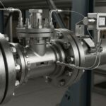 Industrial orifice flowmeter installed between pipe flanges with a differential pressure transmitter
