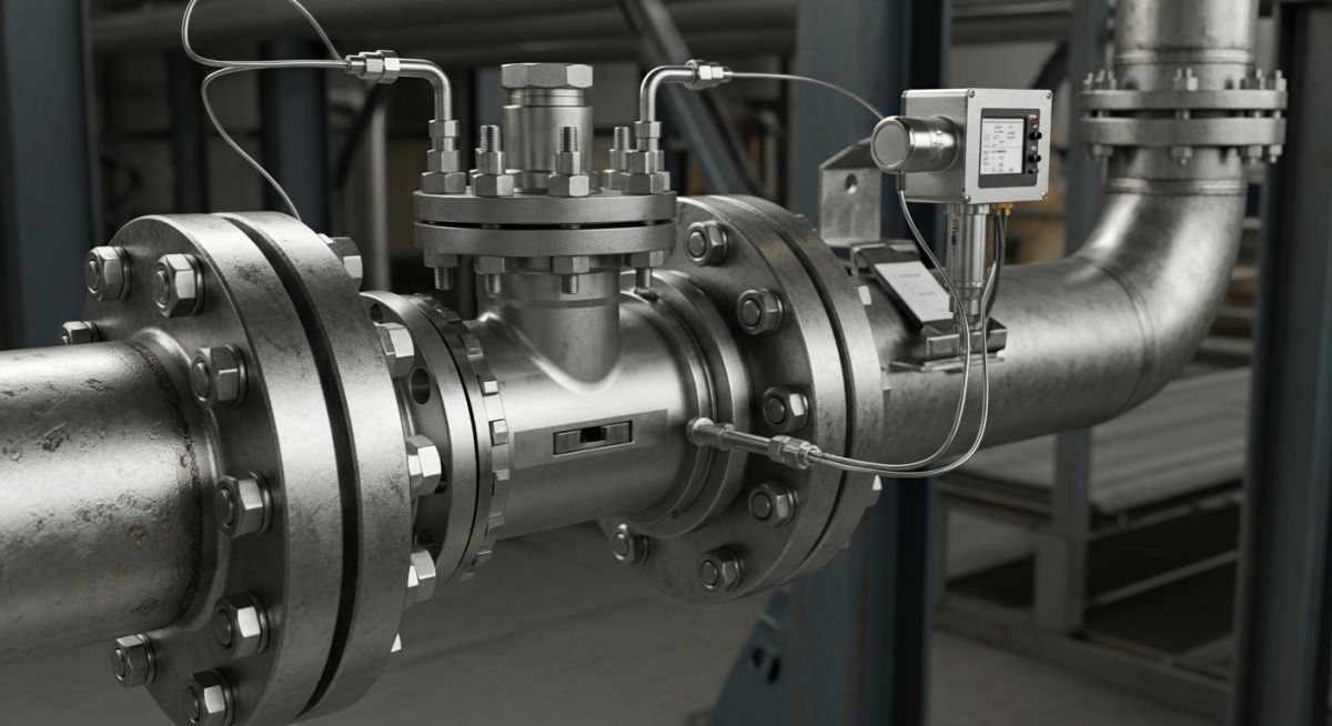 Industrial orifice flowmeter installed between pipe flanges with a differential pressure transmitter
