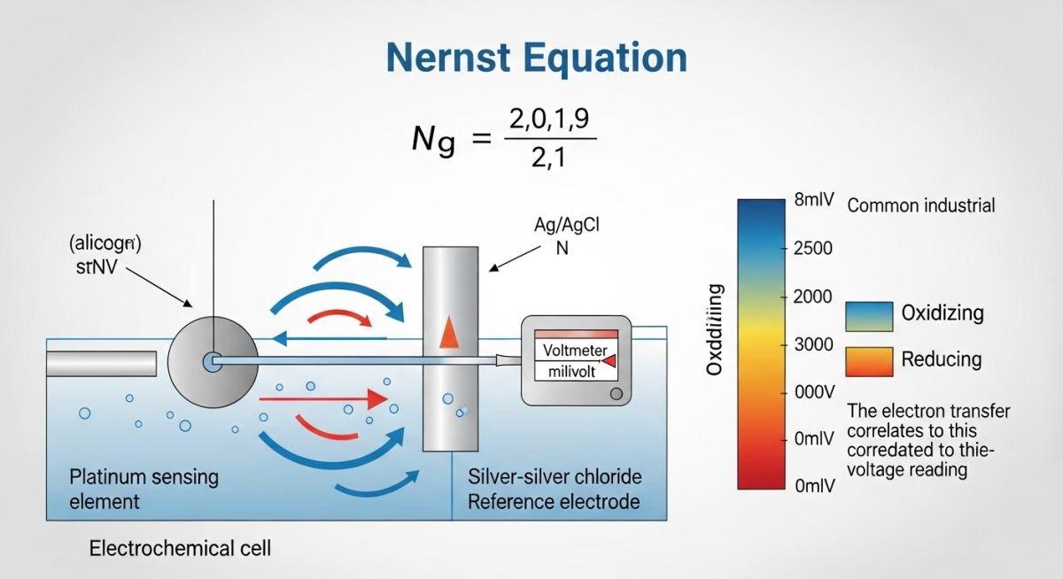 Technical diagram showing the Nernst equation application in ORP sensors