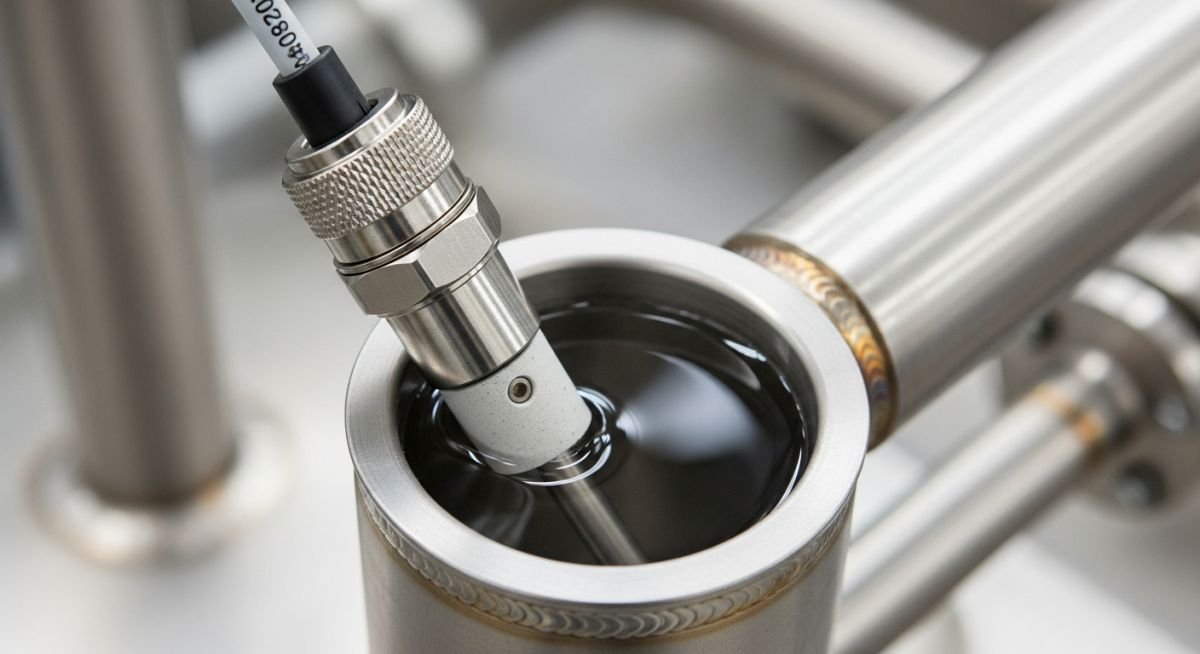 Industrial ORP sensor probe installed in a stainless steel piping bypass loop for water quality monitoring.