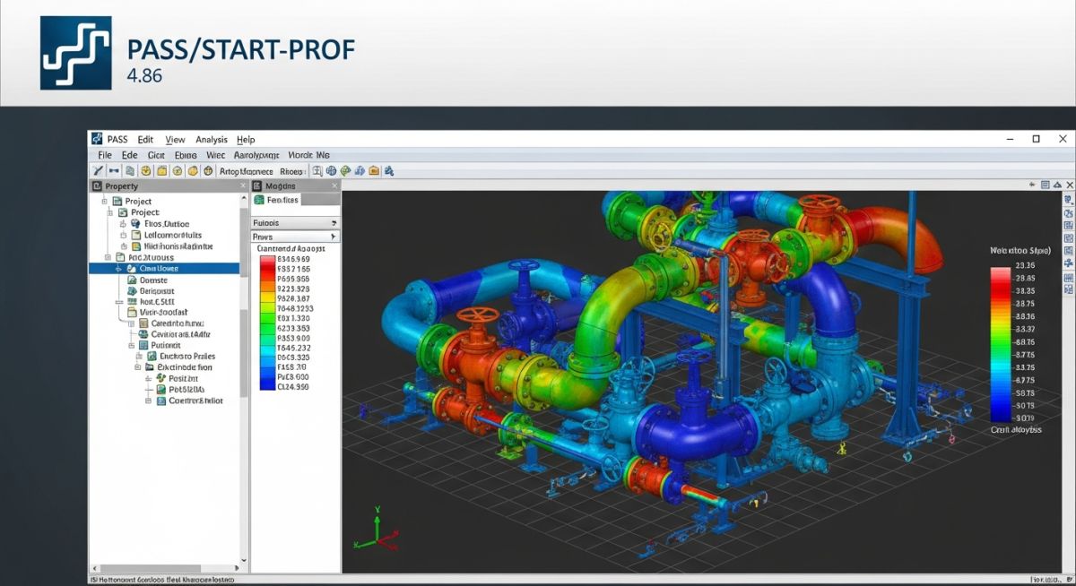 PASS/START-PROF 4.86 pipe stress analysis software interface displaying a 3D piping model.