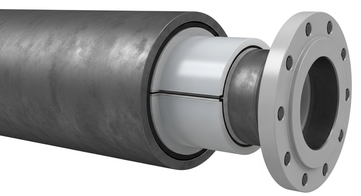 Cross-section of PE and ROTO lined carbon steel piping showing the protective internal polymer layer and steel backing.