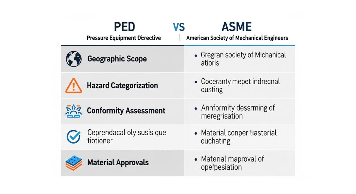 Comparison chart between PED and ASME BPVC standards