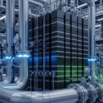 Industrial PEM electrolyzer stack generating green hydrogen in a modern clean energy facility.