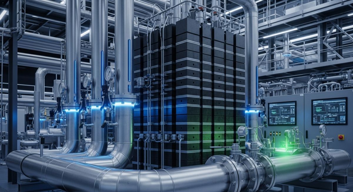 Industrial PEM electrolyzer stack generating green hydrogen in a modern clean energy facility.