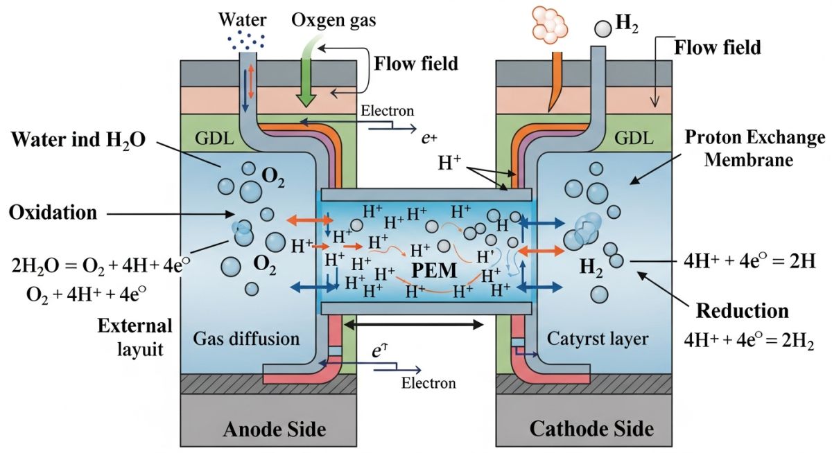 PEM Electrolyzer Working Principle and Membrane Technology Diagram