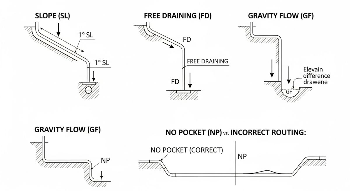Comparison of Slope, Free Draining, Gravity Flow, and No Pocket piping configurations