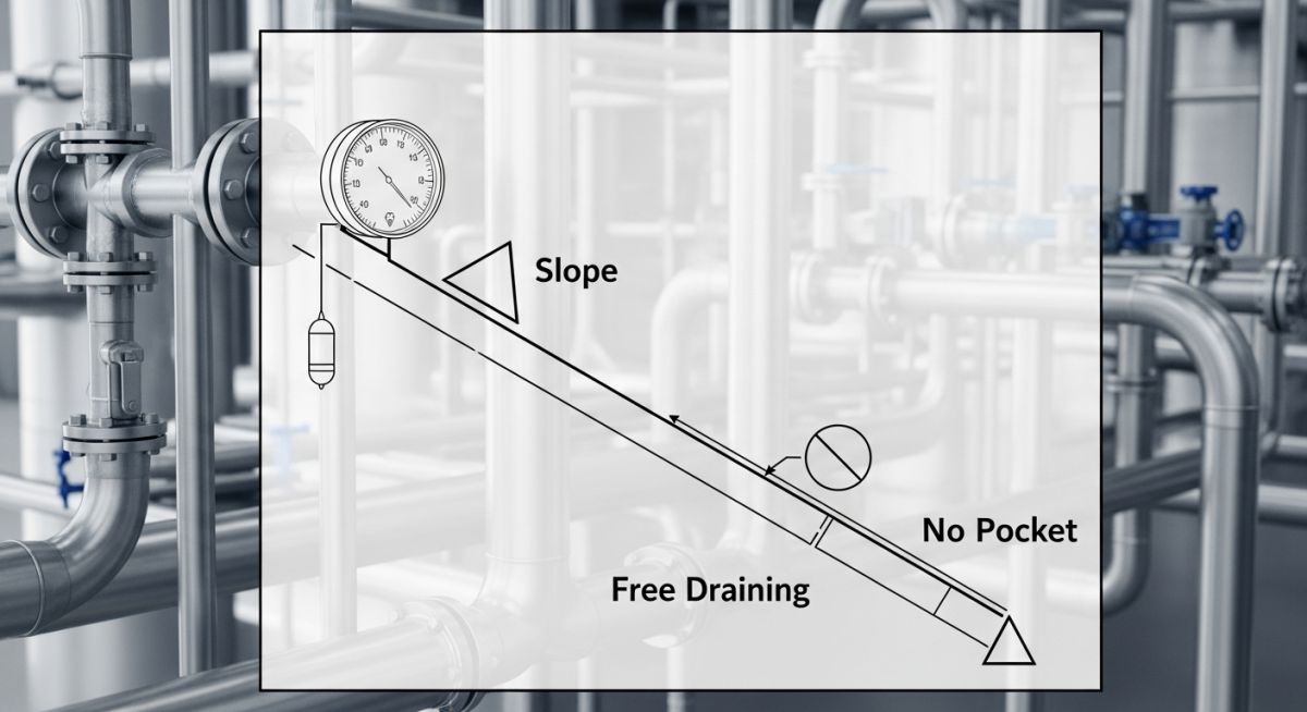 3D piping system model overlaid with 2D P&ID symbols for slope and free draining.